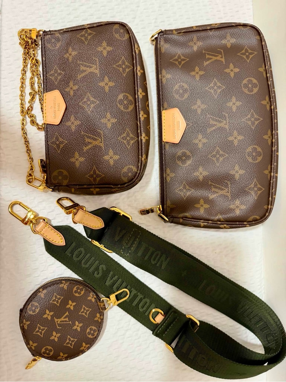 Louis Vuitton Brown Monogram Multi-Pouch Crossbody with Olive Green Strap - Picture 4 of 5